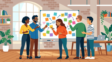 Fototapeta premium A clean flat vector illustration on a light background shows coworkers brainstorming with sticky notes on a whiteboard, useful for teamwork and office training.