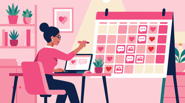 A clean flat vector illustration on a light pink background shows a marketer planning social media posts on a large calendar, useful for content strategy promotions.