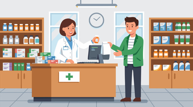 A clean flat vector illustration on a light background shows a pharmacist handing medicine to a customer in a pharmacy, useful for healthcare service promotions.