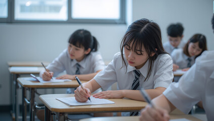 Fototapeta premium 明るい教室で答案を書きながら集中する日本人高校生たち
