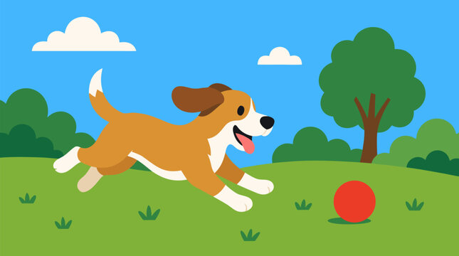 Happy beagle chasing a red ball across a sunny park in a clean flat vector illustration on a light background, ideal for pet care, play, or adoption promotions.
