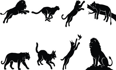 Wild Big Cats Predatory Animals Action And Poses Black Silhouette Icon Set For Wildlife Nature Graphics © MstRowshan