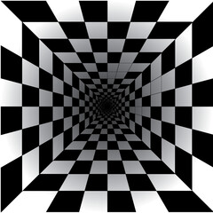 Naklejka premium Hypnotic Black and White Checkerboard Tunnel | Abstract Optical Illusion Background Symbolizing Depth, Infinity, Motion, Precision, and Modern Design