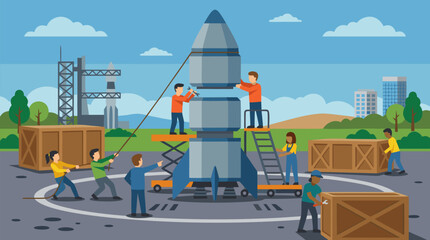 Fototapeta premium Clean flat vector illustration on a light background showing workers assembling a large rocket at a launch site, ideal for aerospace project, engineering, or startup promotion.
