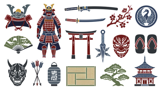 Flat Vector Japanese Culture  Travel Symbols Set: Samurai, Pagoda, Masks, Katana, and Traditional Icons