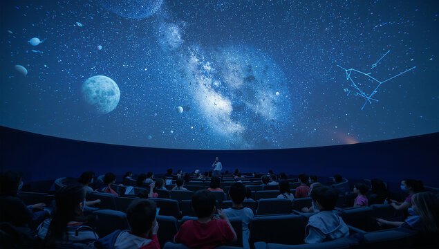 プラネタリウムで天の川を見上げる子供たち