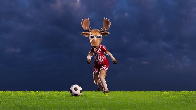 Funny Moose Goalkeeper in a Generic Non‑Brand Uniform Kicking a Soccer Ball &ndash; 3D Animation