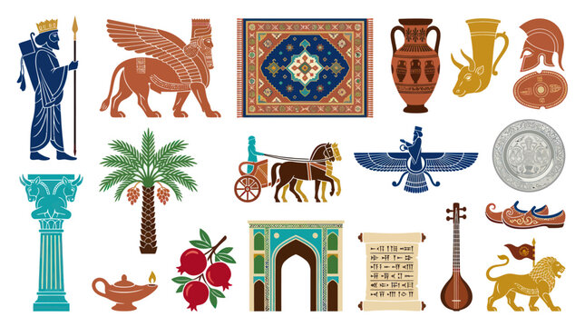 Ancient Persian History and Culture Flat Illustration Icons Set with Iranian Heritage Symbols