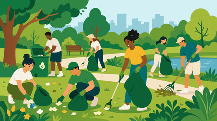 Naklejka premium Clean flat vector illustration on a light background showing volunteers collecting litter in a green city park, useful for sustainability campaigns and community cleanup promotions.