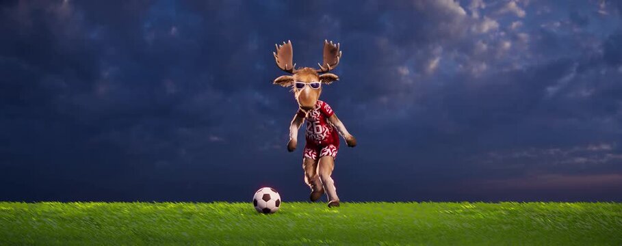 Funny Moose Goalkeeper in a Generic Non‑Brand Uniform Kicking a Soccer Ball &ndash; 3D Animation