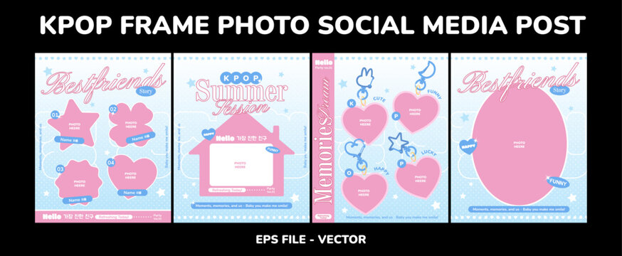 Kpop Photo Frame Social Media Template Bundle, Cute Pastel Pink Blue Best Friends Story, Y2K Korean Aesthetic, Heart Star Shape, EPS Vector