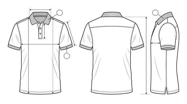 Technical drawing of a polo shirt with measurement lines