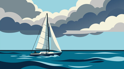 Fototapeta premium Clean flat vector illustration on a light background depicts a sailboat crossing calm blue ocean under layered storm clouds, suitable for sailing club or marine travel branding.