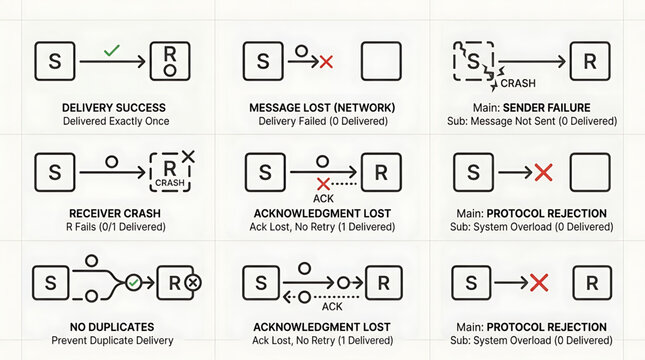 Network protocol diagrams illustrate delivery success and failure scenarios with sender receiver interactions