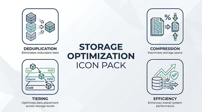 Storage optimization icon pack features data deduplication, compression, tiering, and efficiency for better data management.