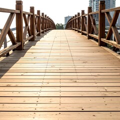Fototapeta premium Wooden boardwalk with metal railings in park setting.