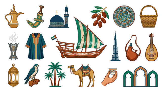 Traditional Arabic Culture Vector Illustration Set - Middle East Icons  Travel Symbols