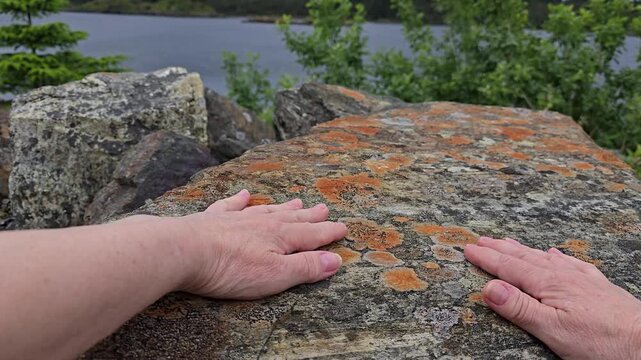 A hand strokes the brightly colored spots on the stone. Norway. June 2026