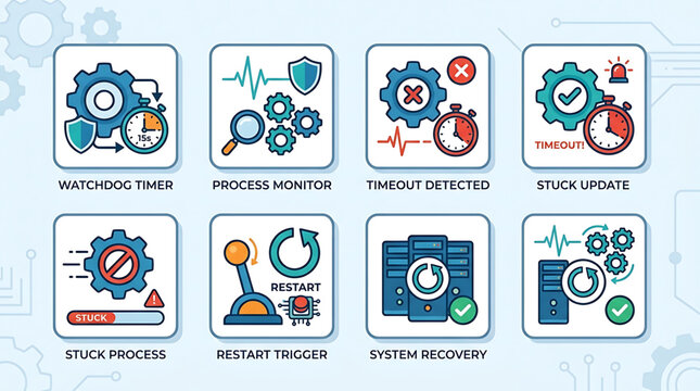 System recovery icons display stuck process and restart trigger in technology sector