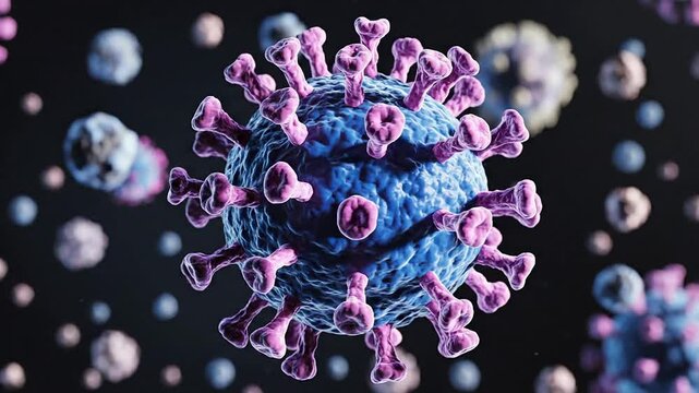 CGI Animation of Generic Spherical Virus Particle with Soft Protein Spikes in Abstract Biological Background for Medical Use