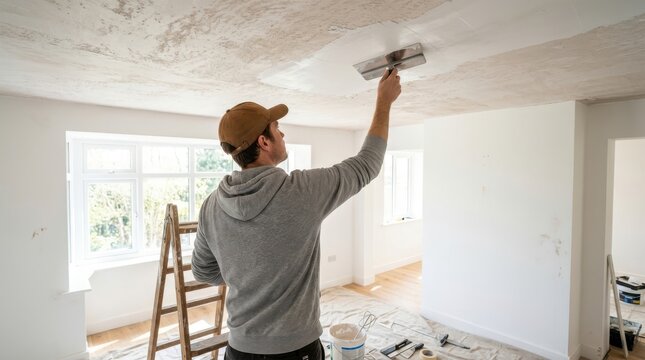 Professional plasterer skimming a ceiling in a residential room
