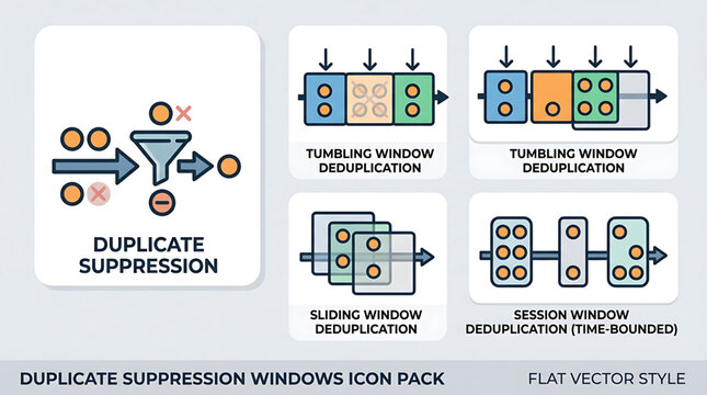 Flat vector icons demonstrating data deduplication and suppression, featuring tumbling, sliding, and session window techniques for streamlined data processing and optimization