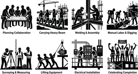 Obraz premium Construction Project Silhouette Icons Showing Workers in Planning, Building, Installation, and Completion Stages