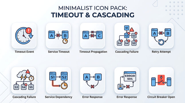 System reliability and software architecture error handling vector icon set depicting service timeout, cascading failure, and circuit breaker concepts