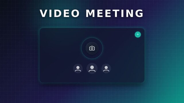 Video meeting screen with camera icon and participant circles on abstract background. Flat design motion graphics animation with modern technology theme. Dynamic video background 