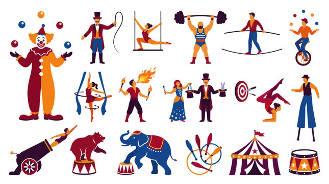 Flat Vector Circus Performers: Acrobat, Clown, Juggler, Strongman, Elephant, Tent