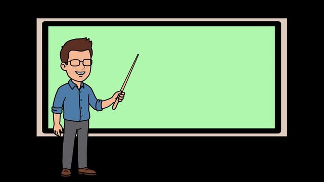 Cartoon male teacher or presenter pointing at blank green whiteboard vector illustration
