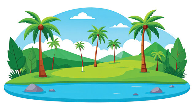 Tropical palm trees by water.