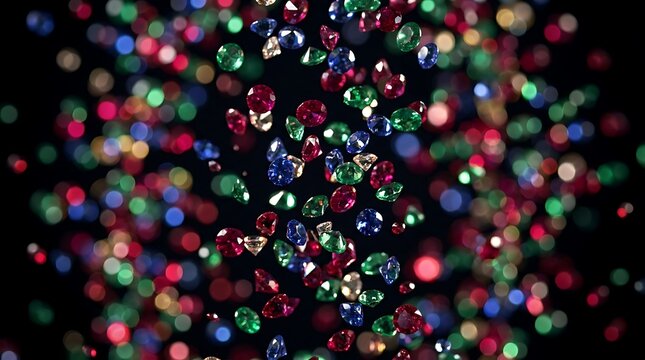 Colorful gemstones falling against a black background in motion