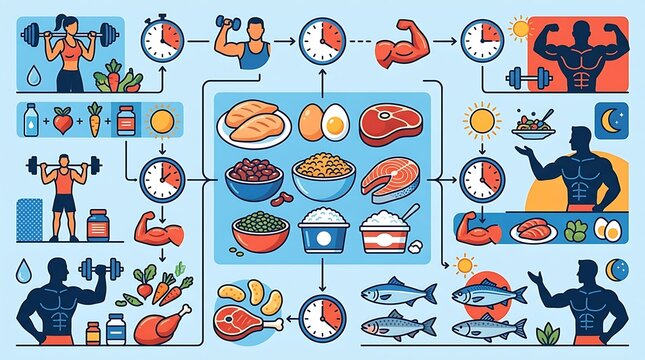 Daily bodybuilding routine with exercise and healthy food guide
