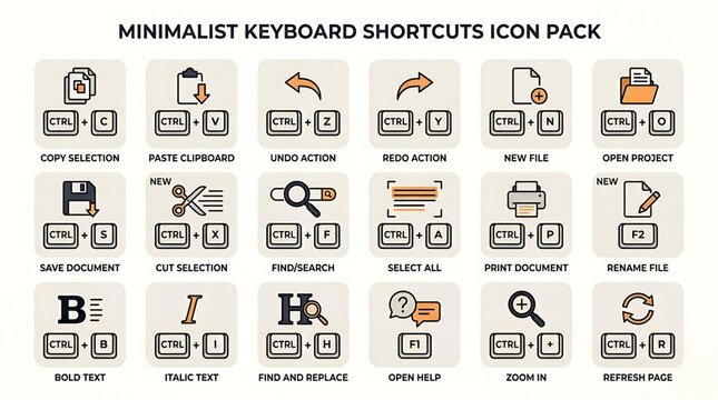 A collection of minimalist keyboard shortcuts icons for computer software interface