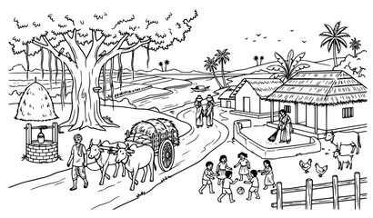 Obraz premium Black and White Indian Countryside Daily Routine Line Drawing Vector Illustration