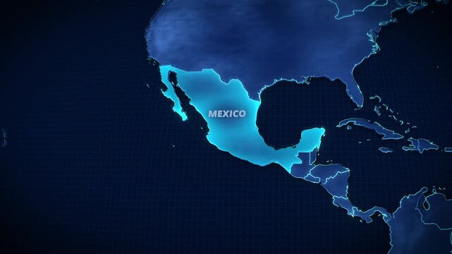 Digital map of Mexico with glowing cyan neon outlines and typography on a dark tech grid, ideal for global business presentations and international news broadcast backgrounds.
