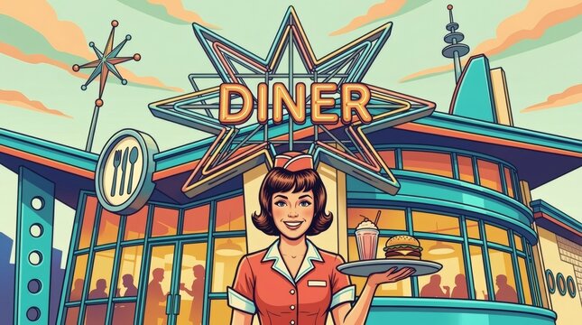 A vibrant pop art comic style illustration of a smiling waitress holding a tray with a burger and milkshake in front of a mid-century diner.