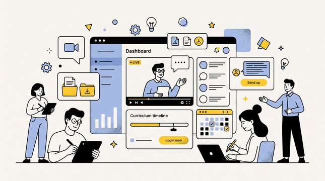 Flat vector illustration of a creative agency group working together on an online education dashboard interface for transparent background PNG e-learning platform platform presentation.