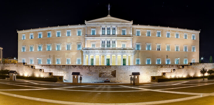 Hellenic Parliament building at night in Syntagma square, Athens