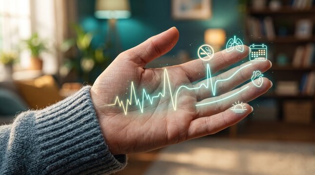Closeup of a hand holding a glowing digital health tracking interface with icons for lungs, heart, and smoking cessation, representing wellness and medical technology