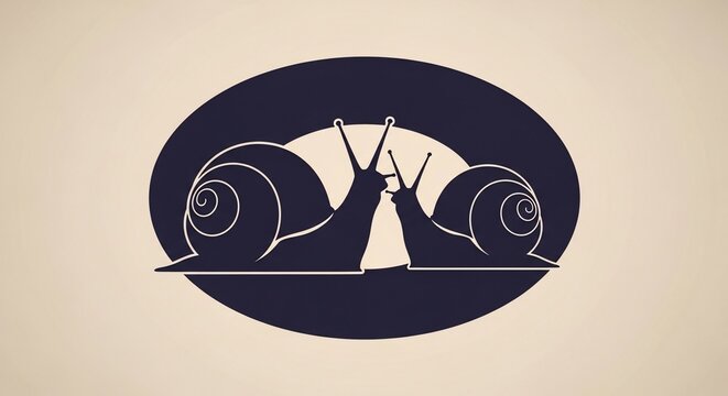 Two snails in silhouette facing each other within an oval shape.