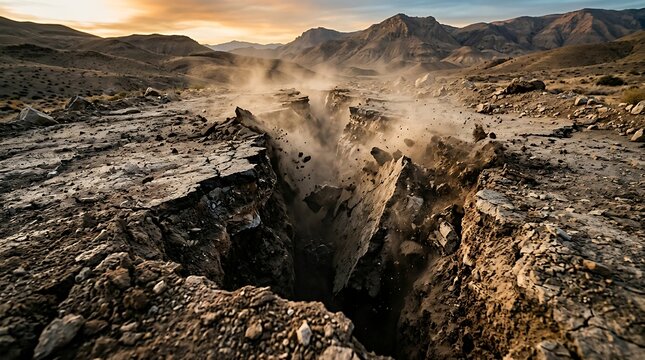 Deep earthquake fissure opening in a vast desert landscape