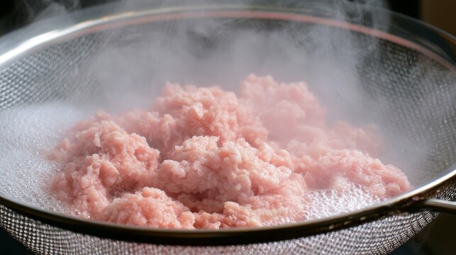 minced pork boiling in colander hot water cooking process raw ground meat blanching food preparation kitchen hygiene sanitation protein ingredient close up culinary method
