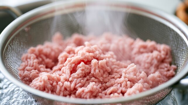 minced pork boiling in colander hot water cooking process raw ground meat blanching food preparation kitchen hygiene sanitation protein ingredient close up culinary method