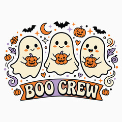 Fototapeta premium Cute halloween ghost trio with pumpkins 'boo crew' design for festive fall decorations and apparel