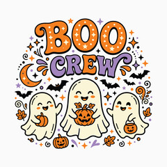 Fototapeta premium Cute halloween ghost crew illustration festive spooky ghosts with pumpkins for autumn holiday designs