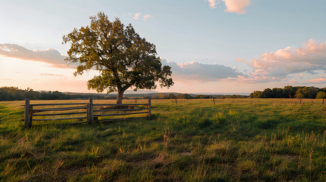 A solitary oak tree stands in a vast, grassy meadow during a golden hour sunset, framed by a rustic wooden fence under a soft, pastelcolored sky with scattered clouds