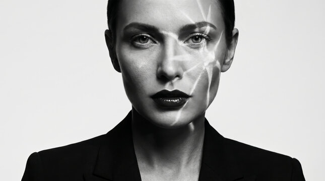 Monochrome beauty portrait with abstract glass light reflections on elegant female face