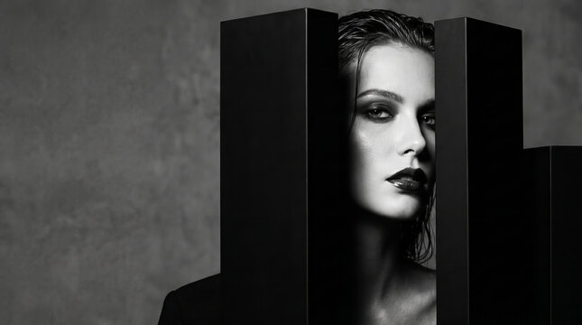 Mysterious woman emerging between black geometric monoliths in monochrome editorial portrait